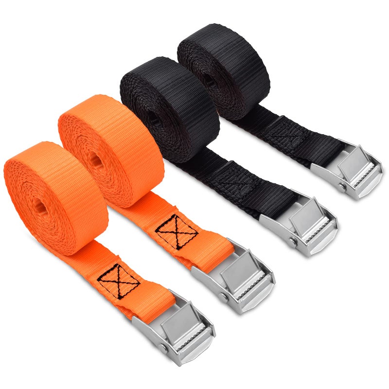 أسيلاين Acelane Lashing Straps 10' x 1'' Cam Buckle Tie Down Straps شديدة التحمل تصل إلى 800 رطل للبضائع والأمتعة والدراجات النارية وقوارب الكاياك وألواح ركوب الأمواج والأثاث والأجهزة المتحركة (4 قطع باللون الأسود والبرتقالي) - Image 1